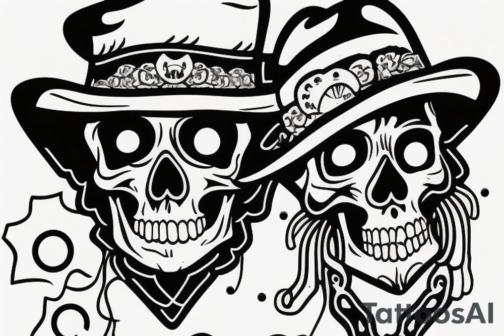 midwest skull with cowboy hat and bandana tied around neck. Revolver crossing underneath skull tattoo idea