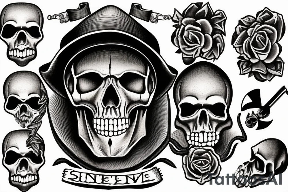 single midwest skull with cowboy hat and bandana tied around neck. Revolver crossing underneath skull tattoo idea