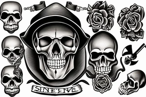 single midwest skull with cowboy hat and bandana tied around neck. Revolver crossing underneath skull tattoo idea