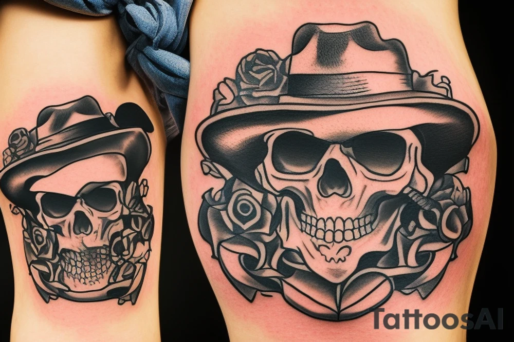 single midwest skull with cowboy hat and bandana tied around neck. Revolver crossing underneath skull tattoo idea