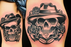 single midwest skull with cowboy hat and bandana tied around neck. Revolver crossing underneath skull tattoo idea