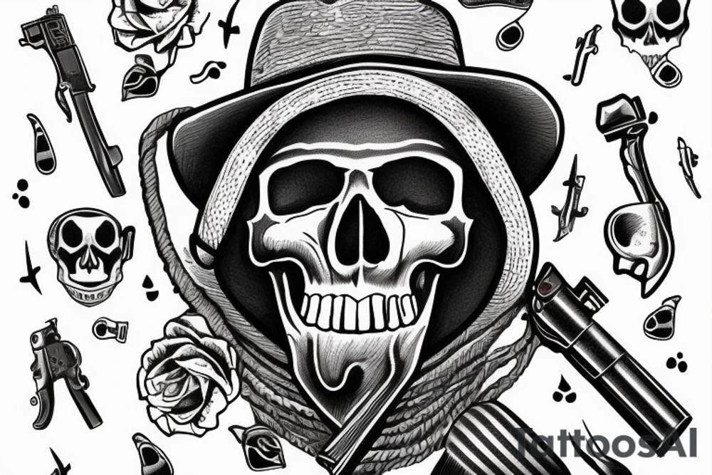 single midwest skull with cowboy hat and bandana tied around neck. Revolver and pistol crossing underneath skull tattoo idea