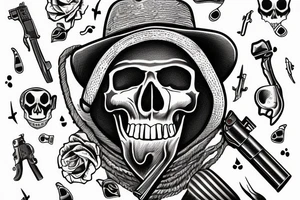 single midwest skull with cowboy hat and bandana tied around neck. Revolver and pistol crossing underneath skull tattoo idea