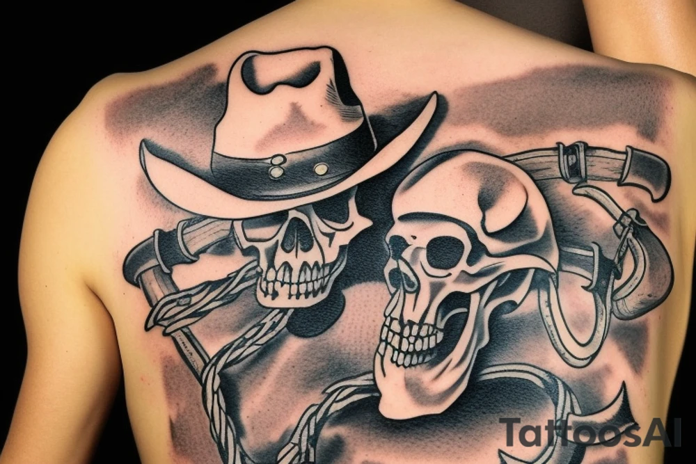 single midwest skull with cowboy hat and bandana tied around neck. Revolver and pistol crossing underneath skull tattoo idea