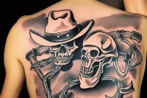 single midwest skull with cowboy hat and bandana tied around neck. Revolver and pistol crossing underneath skull tattoo idea