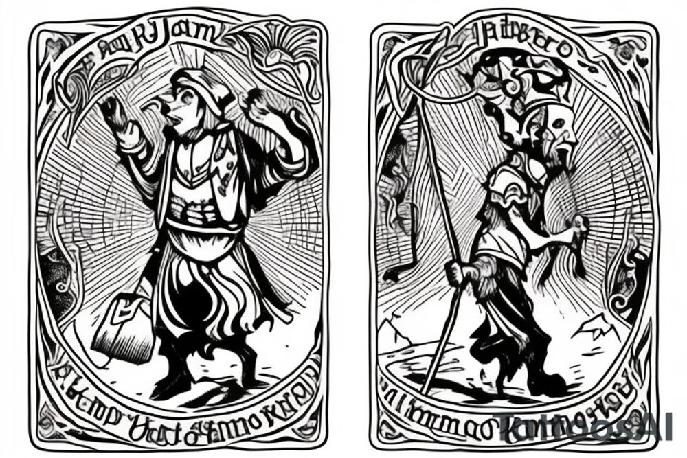Jester tarot card who walks off a cliff, carries a knapsack behind his back tattoo idea
