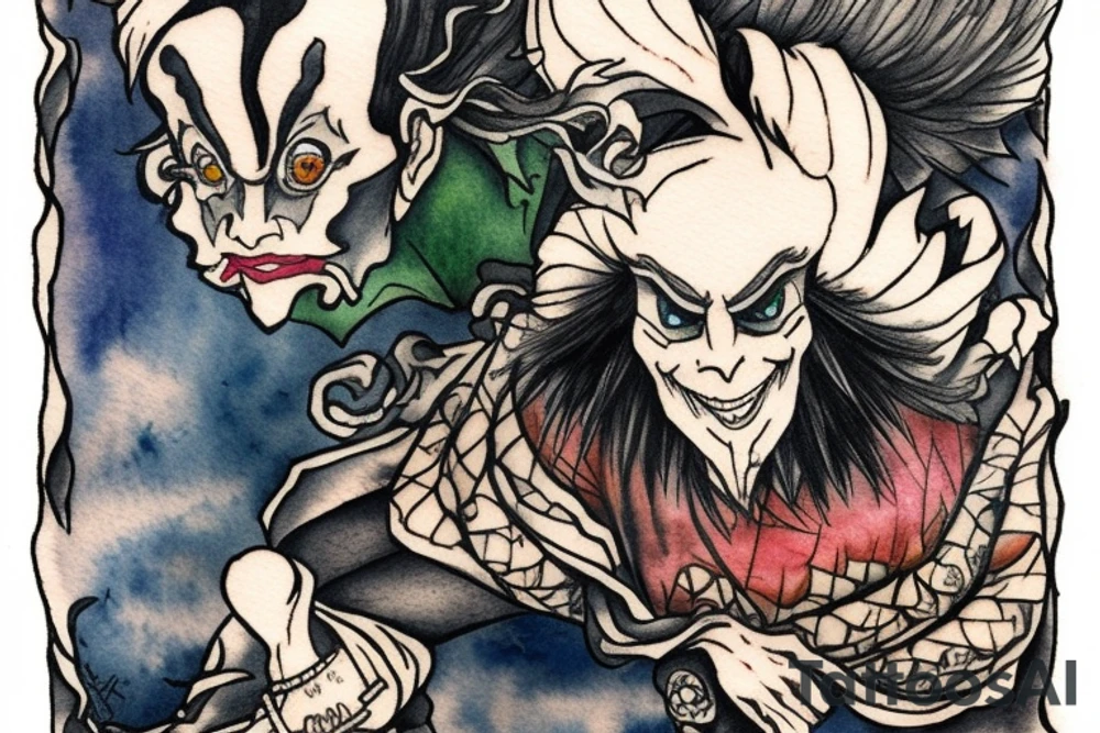 The jester stands on one leg in front of a cliff tattoo idea