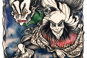 The jester stands on one leg in front of a cliff tattoo idea
