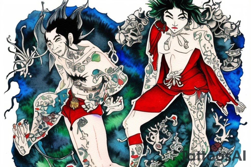 The jester stands on one leg in front of a cliff tattoo idea