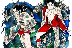 The jester stands on one leg in front of a cliff tattoo idea