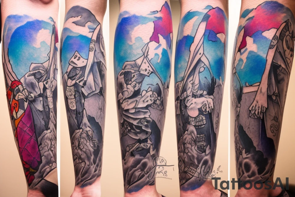 The jester stands on one leg in front of a cliff tattoo idea
