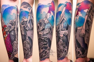 The jester stands on one leg in front of a cliff tattoo idea