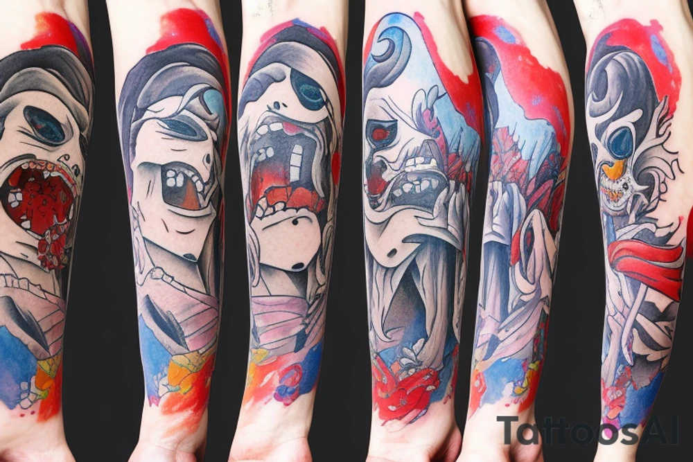 The jester stands on one leg in front of a cliff tattoo idea