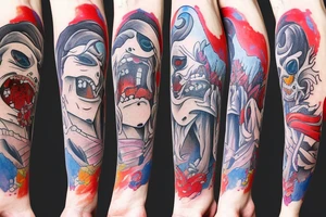 The jester stands on one leg in front of a cliff tattoo idea