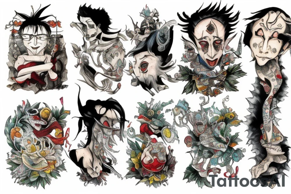 The jester stands on one leg in front of a cliff tattoo idea