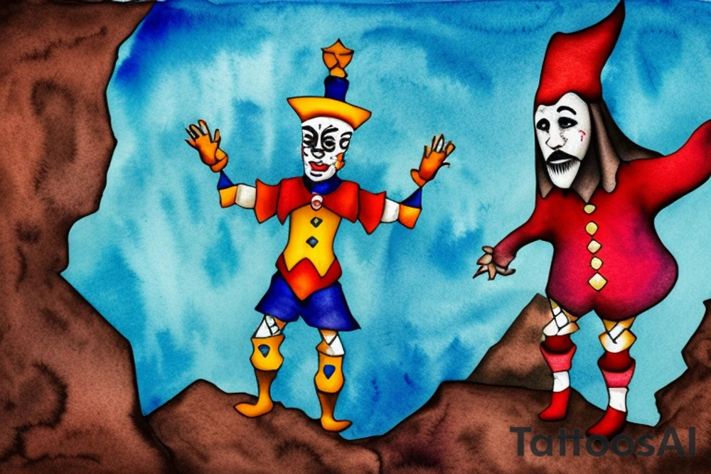 A man dressed as a jester stands in front of a cliff, followed by a dog tattoo idea