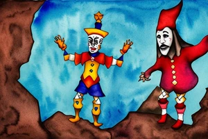 A man dressed as a jester stands in front of a cliff, followed by a dog tattoo idea