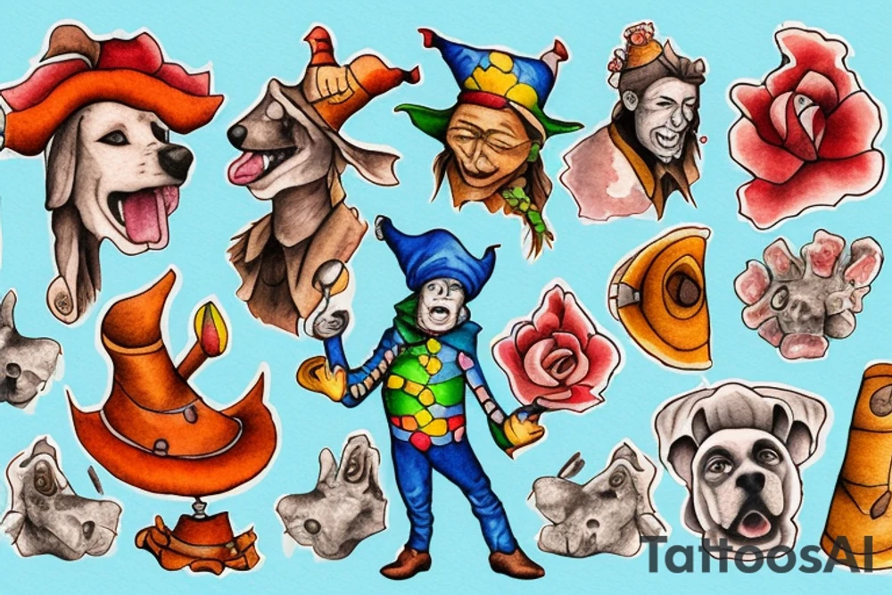 A man dressed as a jester stands in front of a cliff, followed by a dog tattoo idea