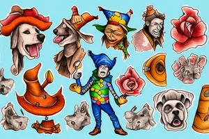 A man dressed as a jester stands in front of a cliff, followed by a dog tattoo idea