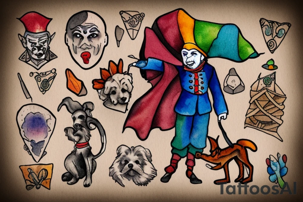 A man dressed as a jester stands in front of a cliff, followed by a dog tattoo idea