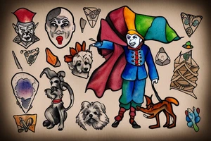 A man dressed as a jester stands in front of a cliff, followed by a dog tattoo idea