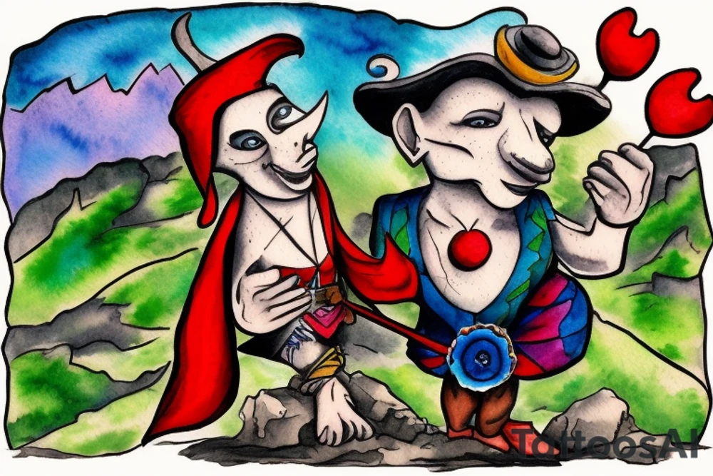 A man dressed as a jester stands in front of a cliff, followed by a dog tattoo idea