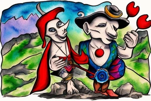 A man dressed as a jester stands in front of a cliff, followed by a dog tattoo idea
