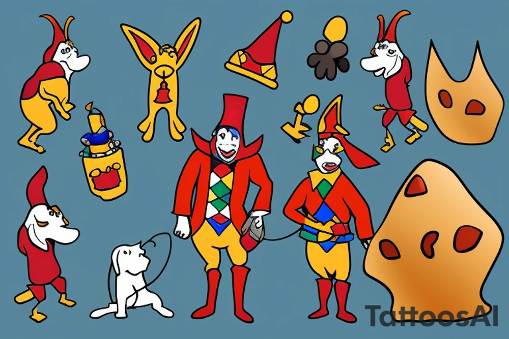 A man dressed as a jester stands in front of a cliff, followed by a dog tattoo idea