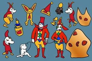 A man dressed as a jester stands in front of a cliff, followed by a dog tattoo idea
