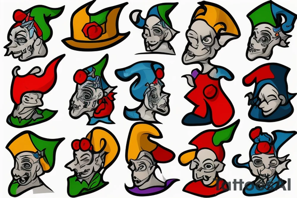 A man dressed as a jester stands in front of a cliff, followed by a dog tattoo idea