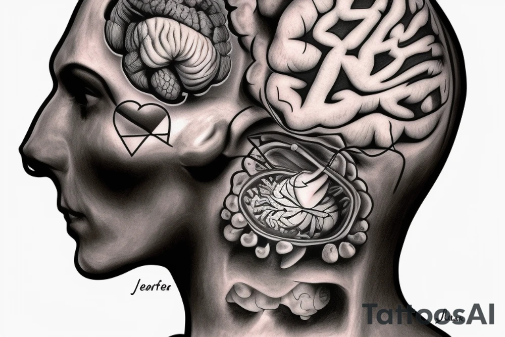 A realistic heart character cooking a human brain tattoo idea