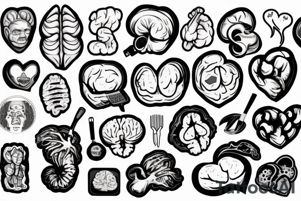A realistic heart character cooking a human brain tattoo idea