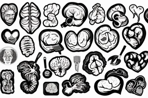 A realistic heart character cooking a human brain tattoo idea