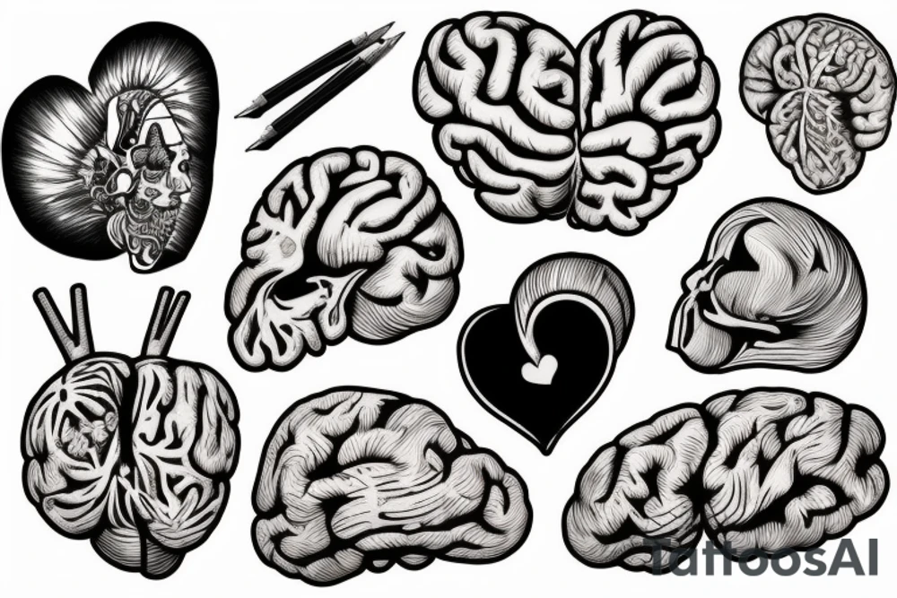A realistic heart character cooking a human brain tattoo idea