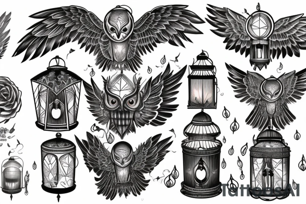 White owl wings spread perched a lantern with a candle melting tattoo idea