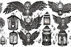 White owl wings spread perched a lantern with a candle melting tattoo idea