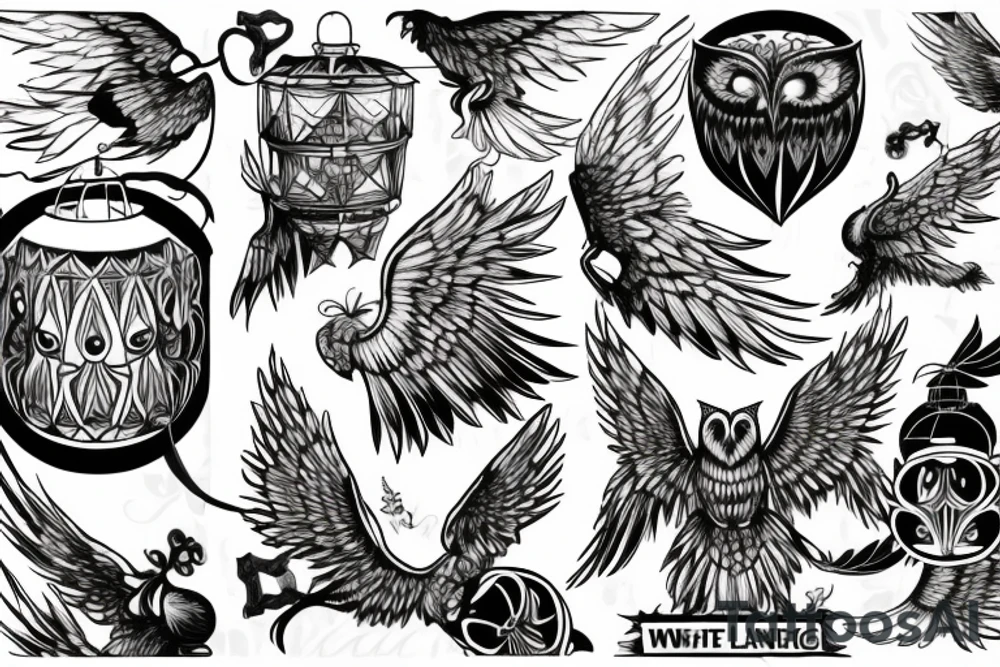 White owl wings spread perched a lantern with a candle melting tattoo idea