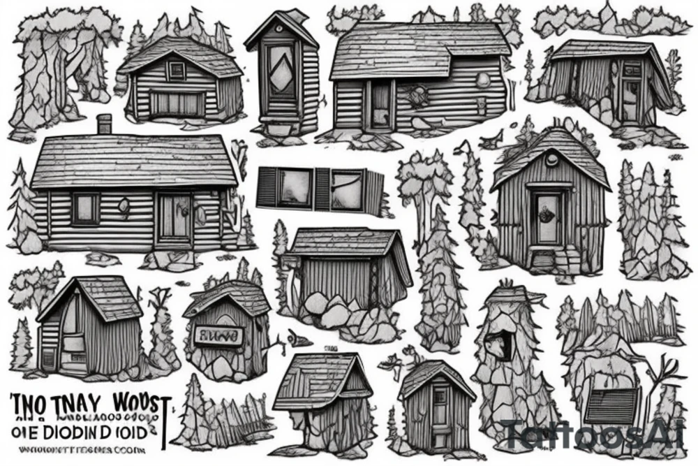 there’s a cabin in the woods with the door wide open and there’s a creek and tiny mail box that says temporary town. the design would be captioned with “let the world pass by ‘til there’s no turning around” tattoo idea