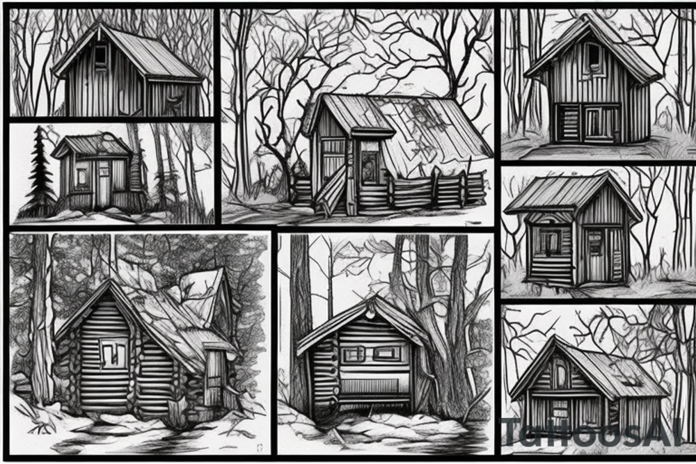 there’s a cabin in the woods with the door wide open and there’s a creek and tiny mail box that says temporary town. the design would be captioned with “let the world pass by ‘til there’s no turning around” tattoo idea