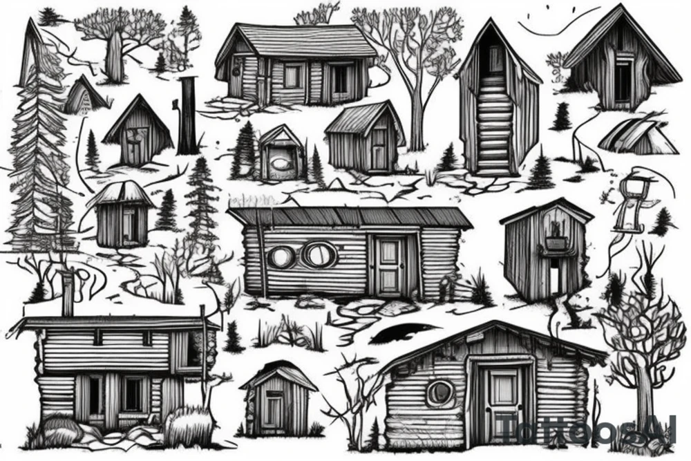 there’s a cabin in the woods with the door wide open and there’s a creek and tiny mail box that says temporary town. the design would be captioned with “let the world pass by ‘til there’s no turning around” tattoo idea