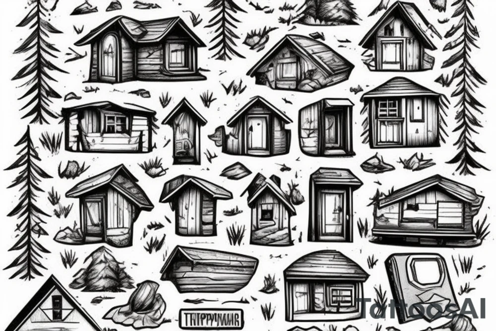 there’s a cabin in the woods with the door wide open and there’s a creek and tiny mail box that says temporary town. the design would be captioned with “let the world pass by ‘til there’s no turning around” tattoo idea