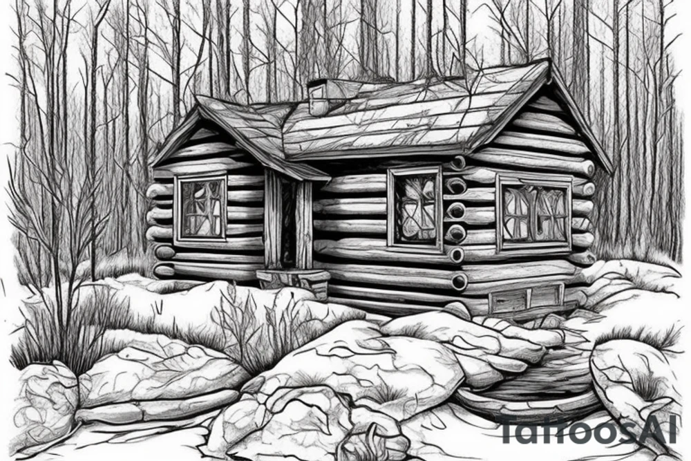 there’s a cabin in the woods with the door wide open and there’s a creek and tiny mail box that says temporary town. the design would be captioned with “let the world pass by ‘til there’s no turning around” tattoo idea