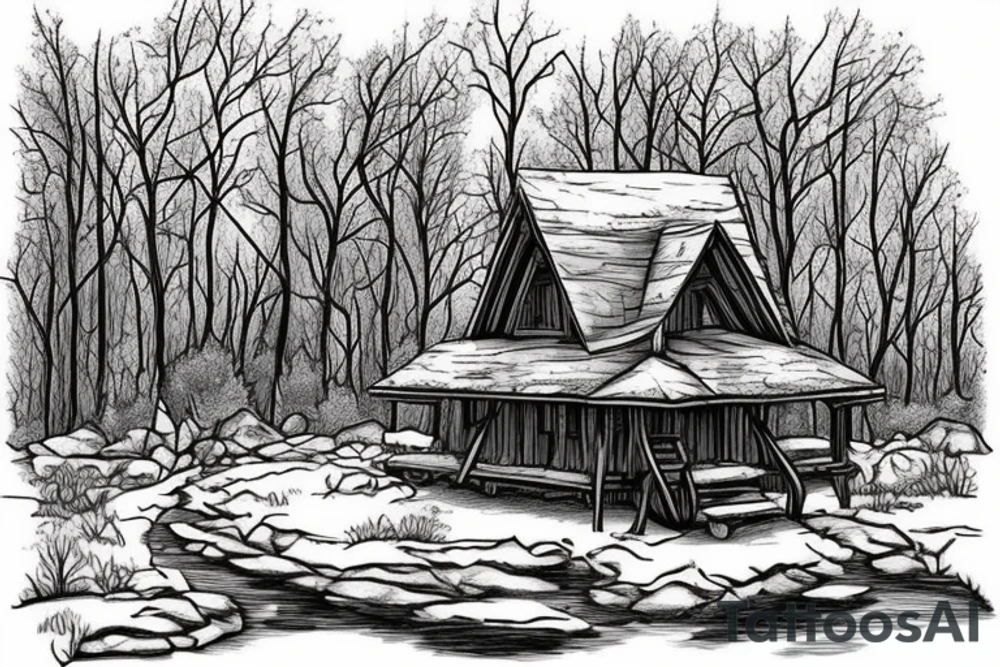 there’s a cabin in the woods with the door wide open and there’s a creek and tiny mail box that says temporary town. the design would be captioned with “let the world pass by ‘til there’s no turning around” tattoo idea