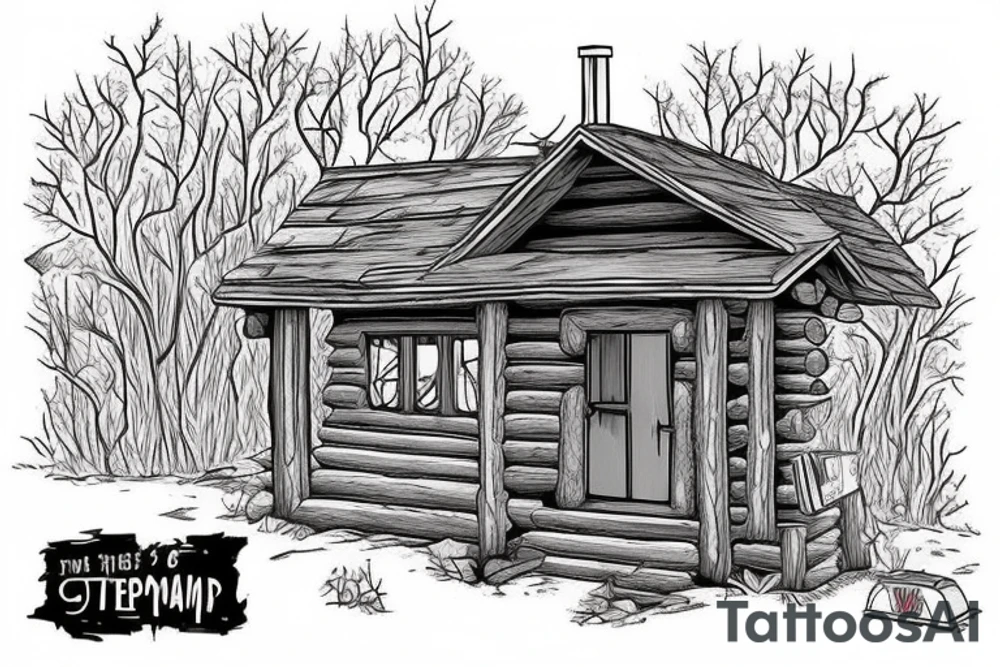 there’s a cabin in the woods with the door wide open and there’s a creek and tiny mail box that says temporary town. the design would be captioned with “let the world pass by ‘til there’s no turning around” tattoo idea