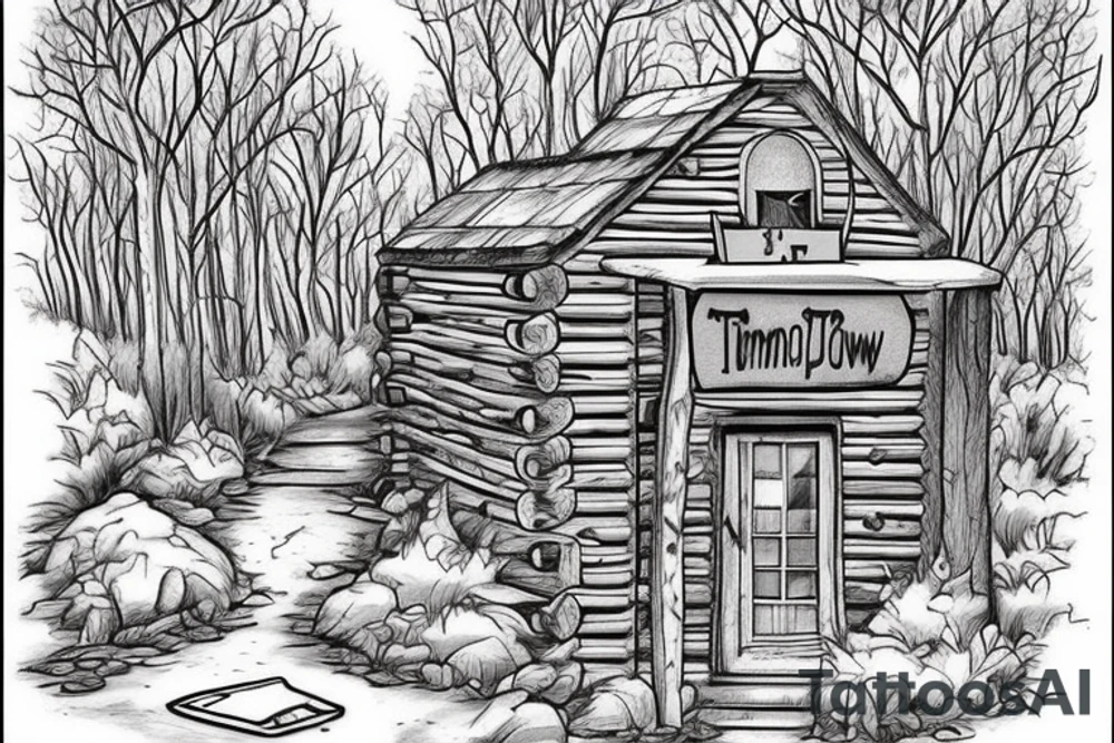 there’s a cabin in the woods with the door wide open and there’s a creek and tiny mail box that says temporary town. the design would be captioned with “let the world pass by ‘til there’s no turning around” tattoo idea