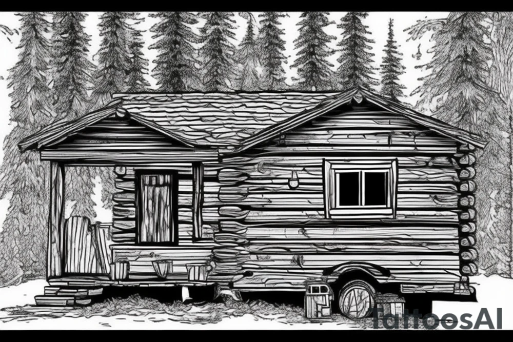 there’s a cabin in the woods with the door wide open and there’s a creek and tiny mail box that says temporary town. the design would be captioned with “let the world pass by ‘til there’s no turning around” tattoo idea