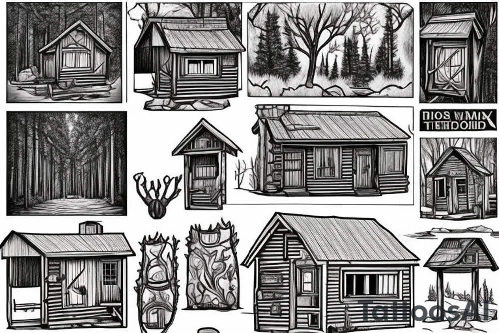there’s a cabin in the woods with the door wide open and there’s a creek and tiny mail box that says temporary town. the design would be captioned with “let the world pass by ‘til there’s no turning around” tattoo idea