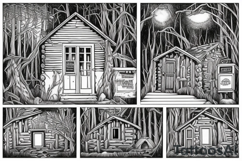 there’s a cabin in the woods with the door wide open and there’s a creek and tiny mail box that says temporary town. the design would be captioned with “let the world pass by ‘til there’s no turning around” tattoo idea