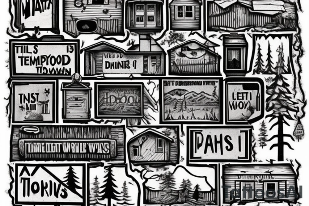 there’s a cabin in the woods with the door wide open and there’s a creek and tiny mail box that says temporary town. the design would be captioned with “let the world pass by ‘til there’s no turning around” tattoo idea