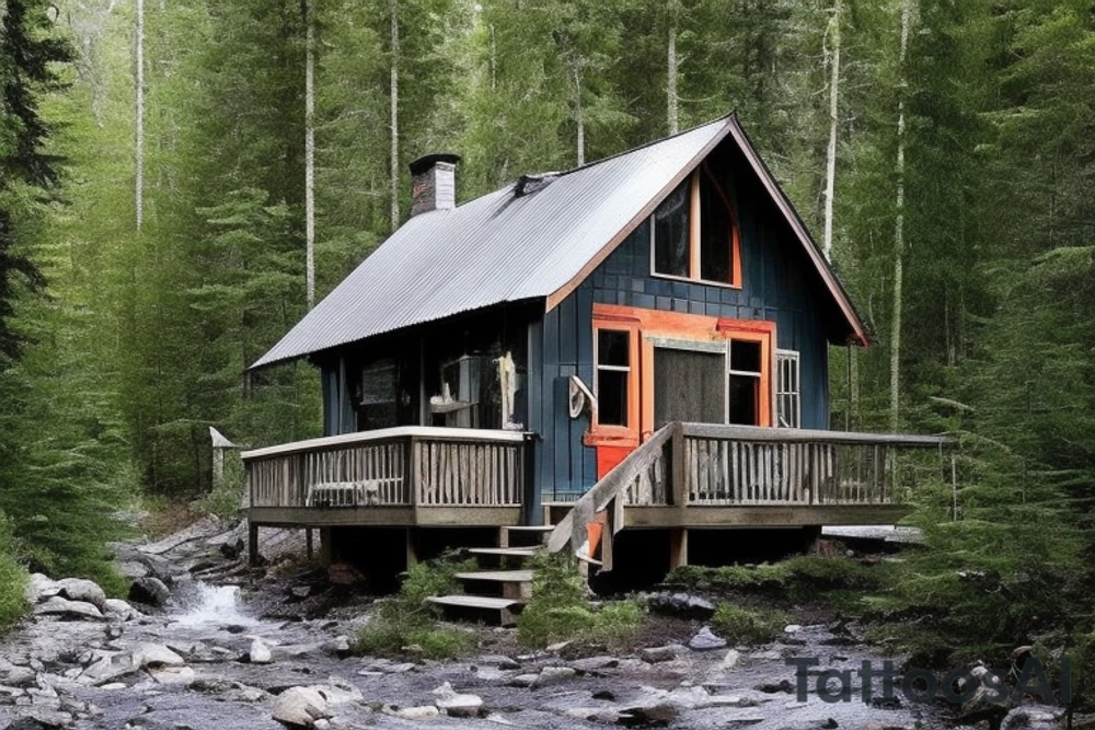 there’s a cabin in the woods with the door wide open and there’s a creek and tiny mail box that says temporary town. the design would be captioned with “let the world pass by ‘til there’s no turning around” tattoo idea